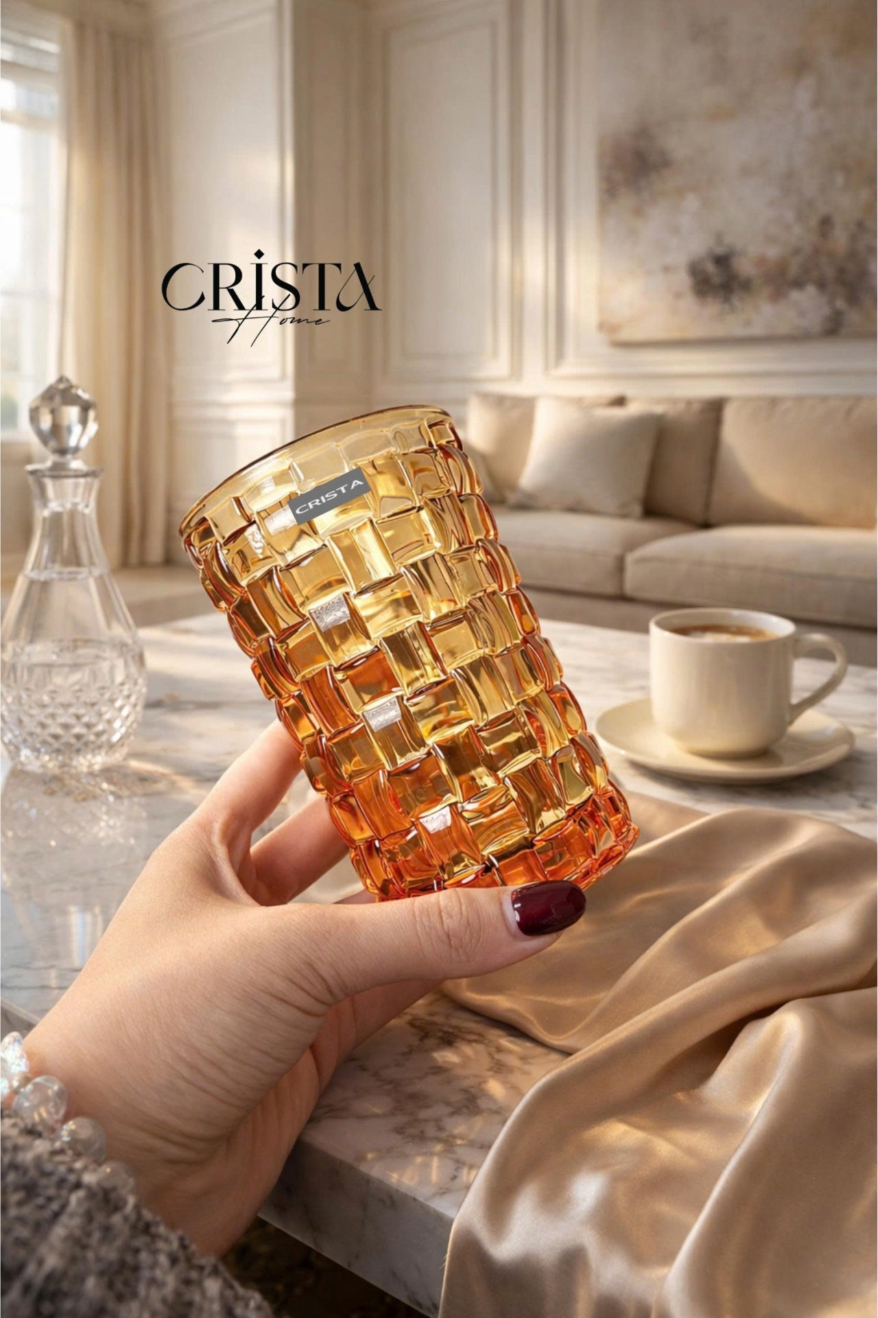 Set of 6 Crista Home Tall Glass Cups, Yellow Checkered Pattern, 350ml