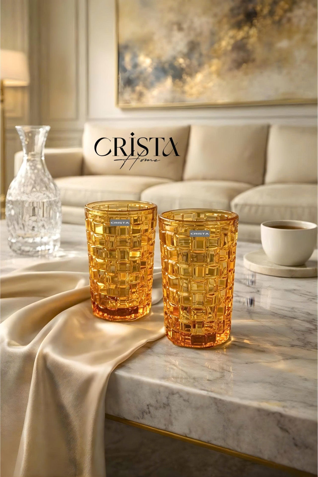 Set of 6 Crista Home Tall Glass Cups, Yellow Checkered Pattern, 350ml