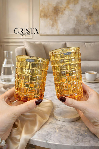 Set of 6 Crista Home Tall Glass Cups, Yellow Checkered Pattern, 350ml