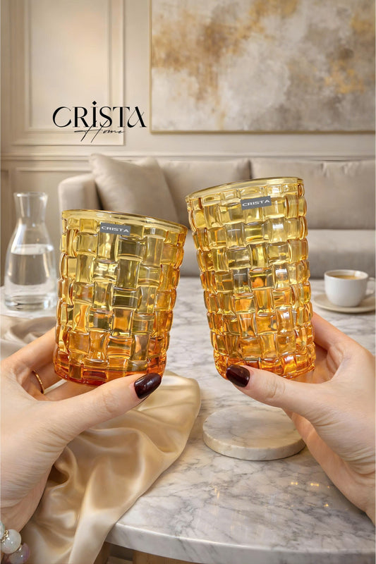 Set of 6 Crista Home Tall Glass Cups, Yellow Checkered Pattern, 350ml