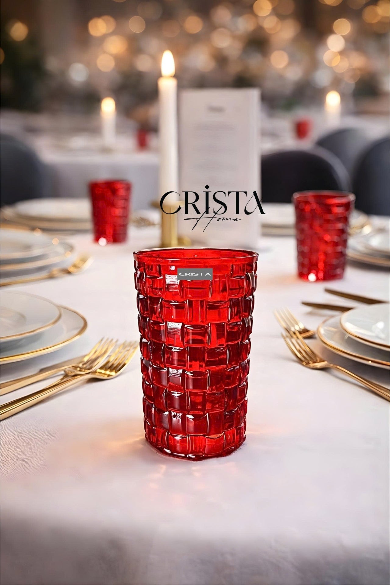 Set of 6 Crista Home Tall Glass Cups in Red with Checkered Pattern, 350ml