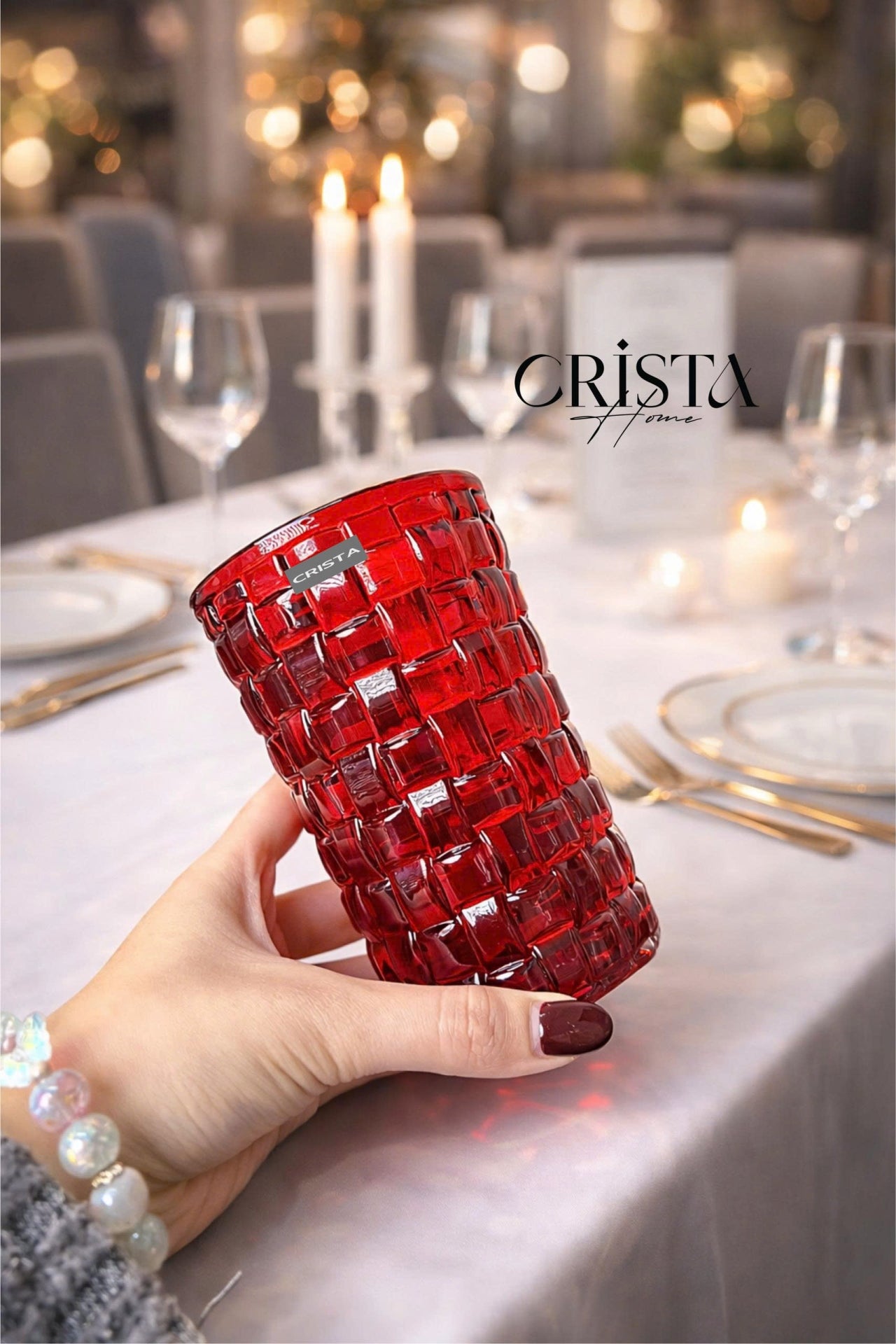 Set of 6 Crista Home Tall Glass Cups in Red with Checkered Pattern, 350ml