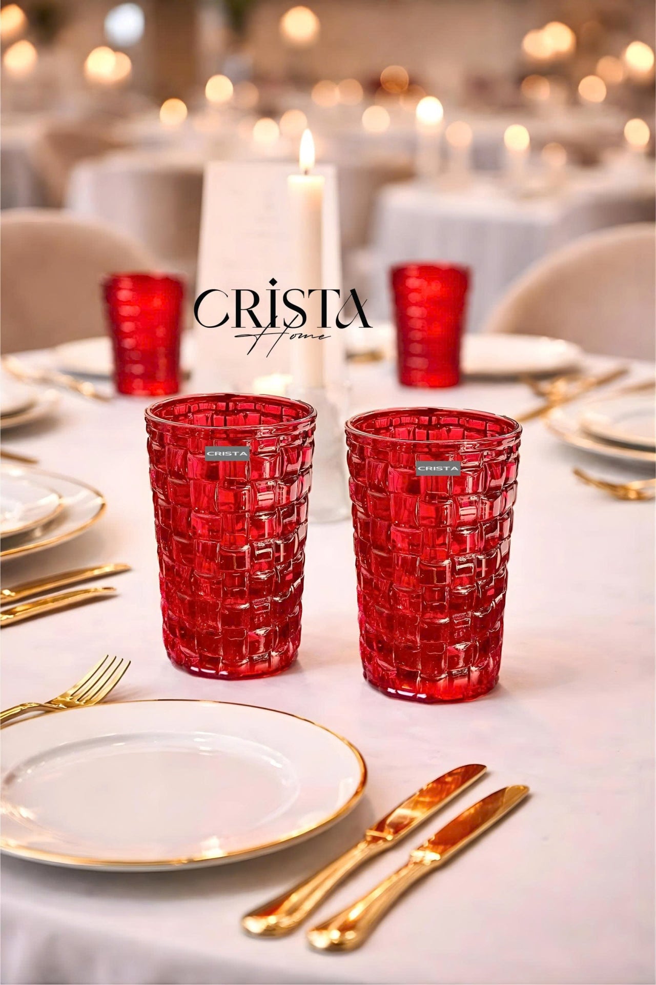 Set of 6 Crista Home Tall Glass Cups in Red with Checkered Pattern, 350ml