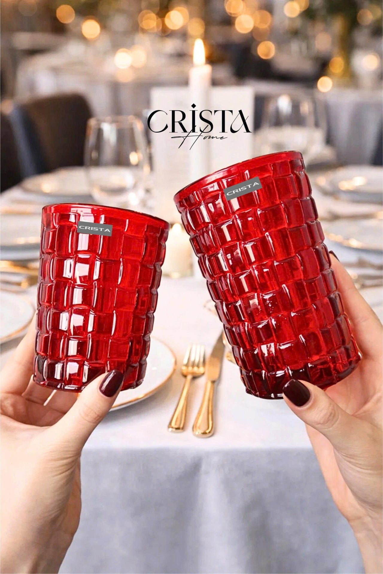 Set of 6 Crista Home Tall Glass Cups in Red with Checkered Pattern, 350ml