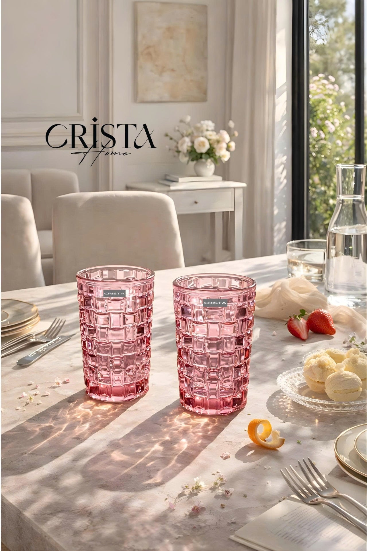 Set of 6 Crista Home Tall Glass Cups in Pink Checkered Pattern, 350ml