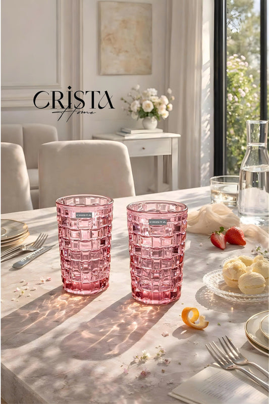 Set of 6 Crista Home Tall Glass Cups in Pink Checkered Pattern, 350ml