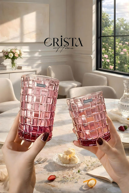Set of 6 Crista Home Tall Glass Cups in Pink Checkered Pattern, 350ml