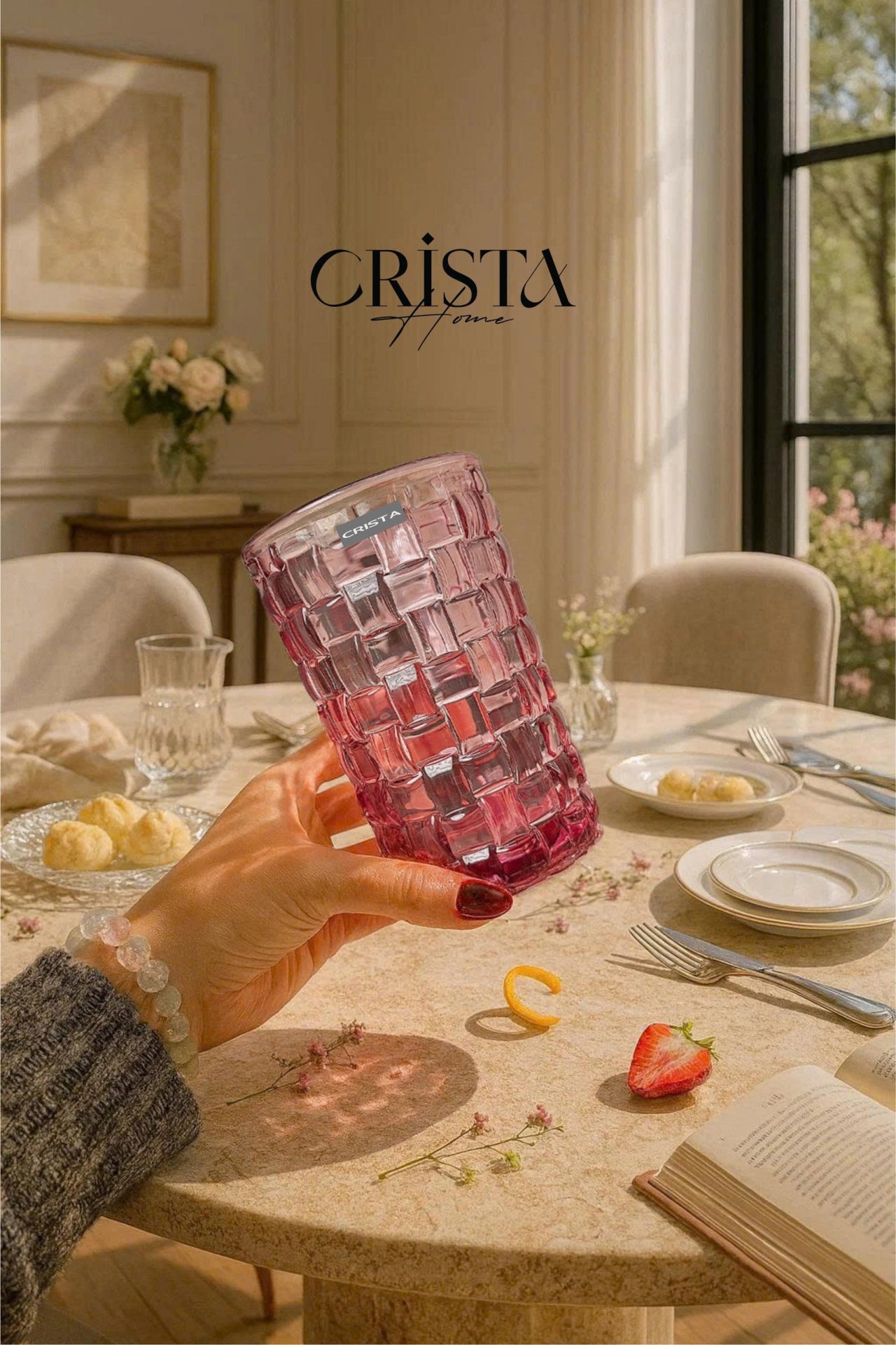 Set of 6 Crista Home Tall Glass Cups in Pink Checkered Pattern, 350ml