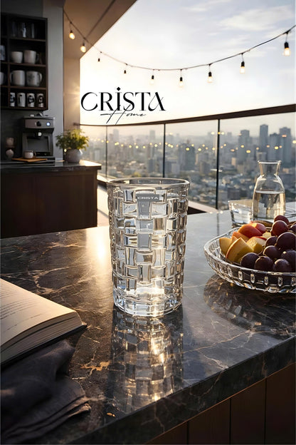 Set of 6 Crista Home Tall Glass Cups, White with Checkered Pattern, 350ml