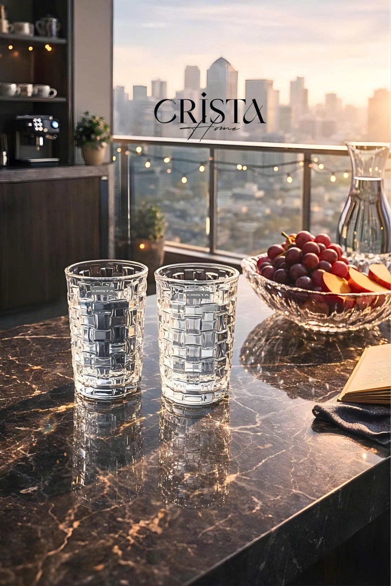 Set of 6 Crista Home Tall Glass Cups, White with Checkered Pattern, 350ml