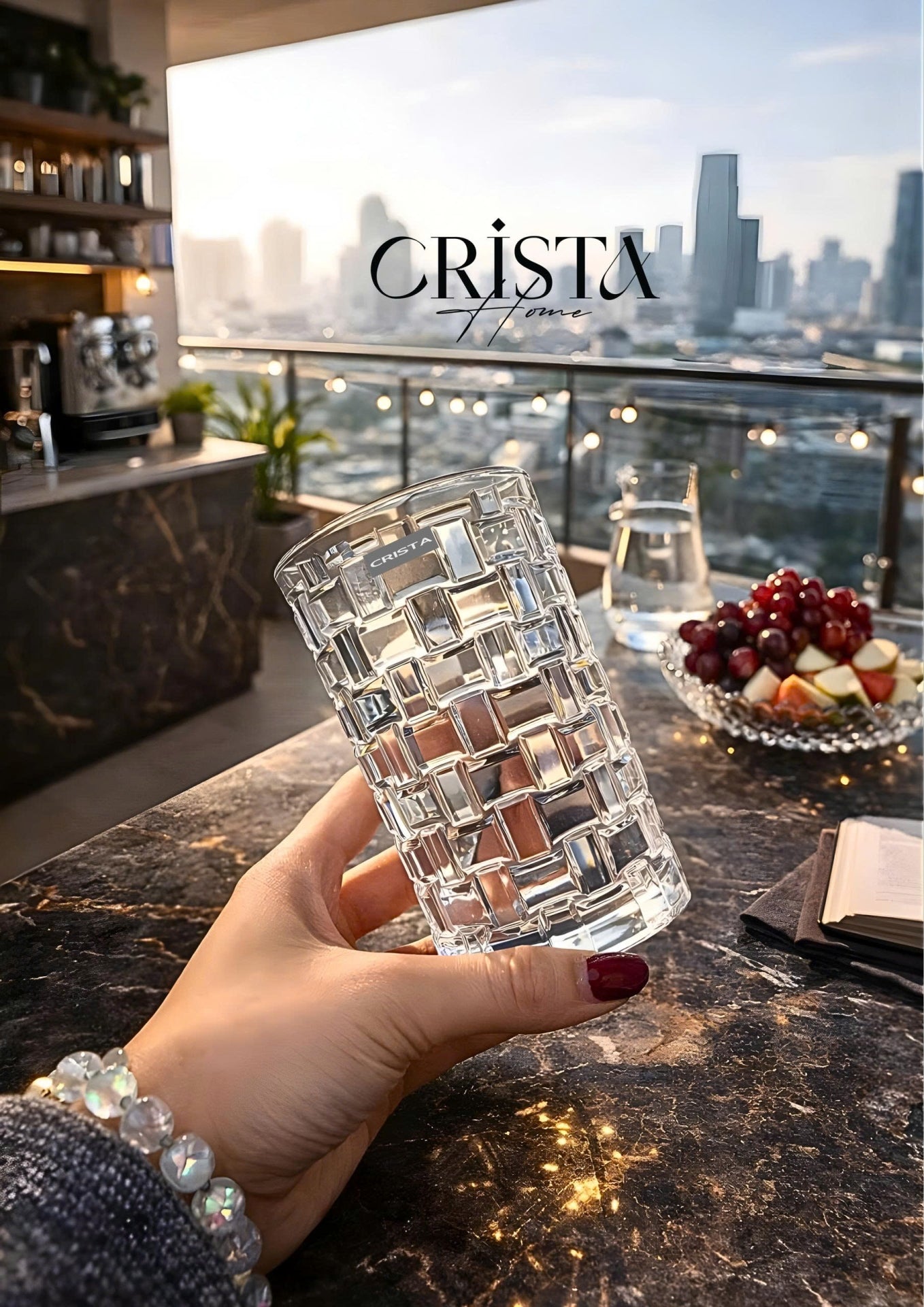 Set of 6 Crista Home Tall Glass Cups, White with Checkered Pattern, 350ml