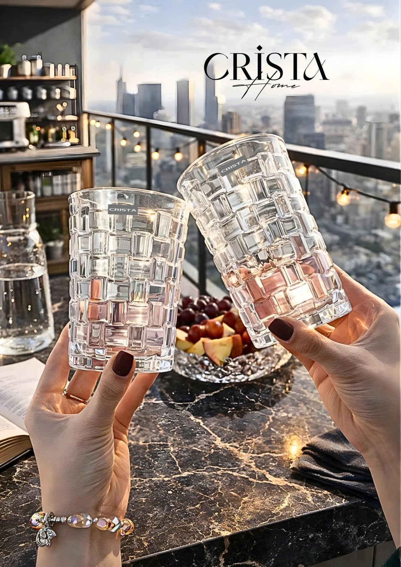 Set of 6 Crista Home Tall Glass Cups, White with Checkered Pattern, 350ml