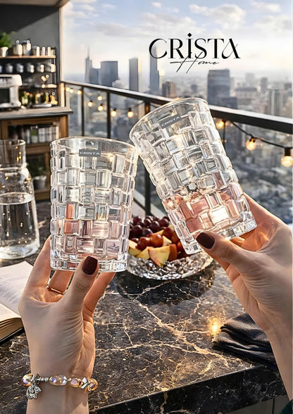 Set of 6 Crista Home Tall Glass Cups, White with Checkered Pattern, 350ml