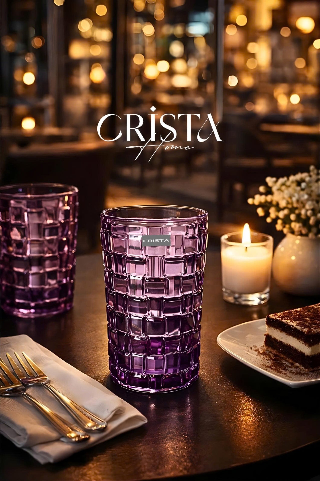 Set of 6 Crista Home Tall Glass Cups in Purple Checkered Pattern, 350ml
