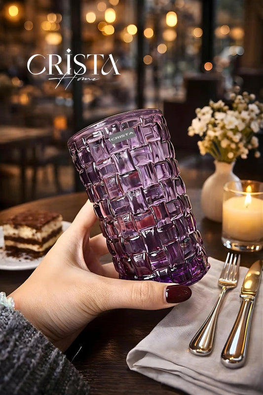 Set of 6 Crista Home Tall Glass Cups in Purple Checkered Pattern, 350ml