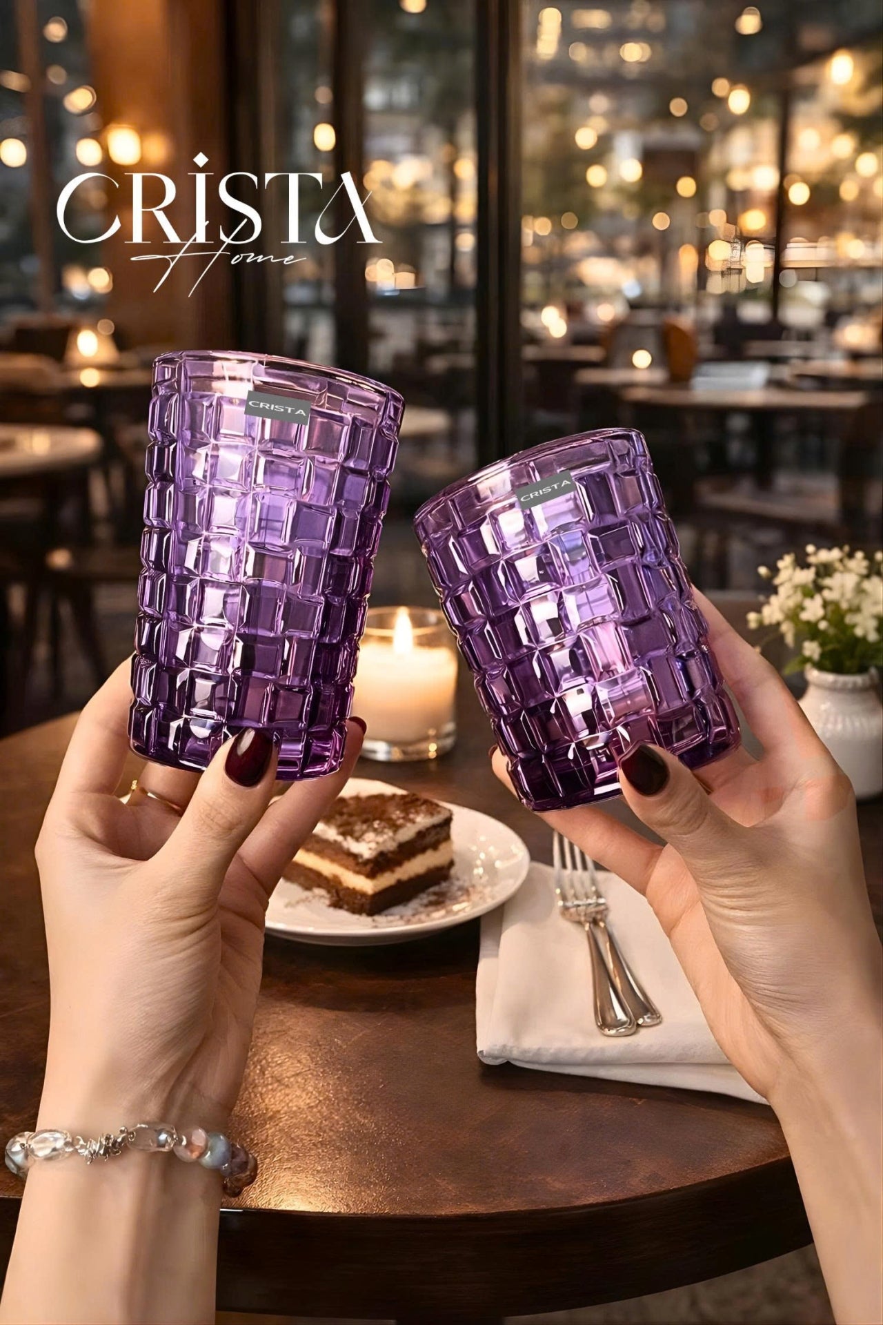 Set of 6 Crista Home Tall Glass Cups in Purple Checkered Pattern, 350ml