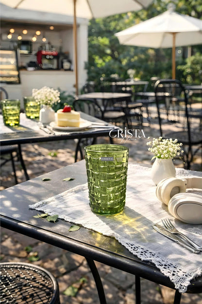 Set of 6 Crista Home Tall Glass Cups in Green with Checkered Pattern, 350ml