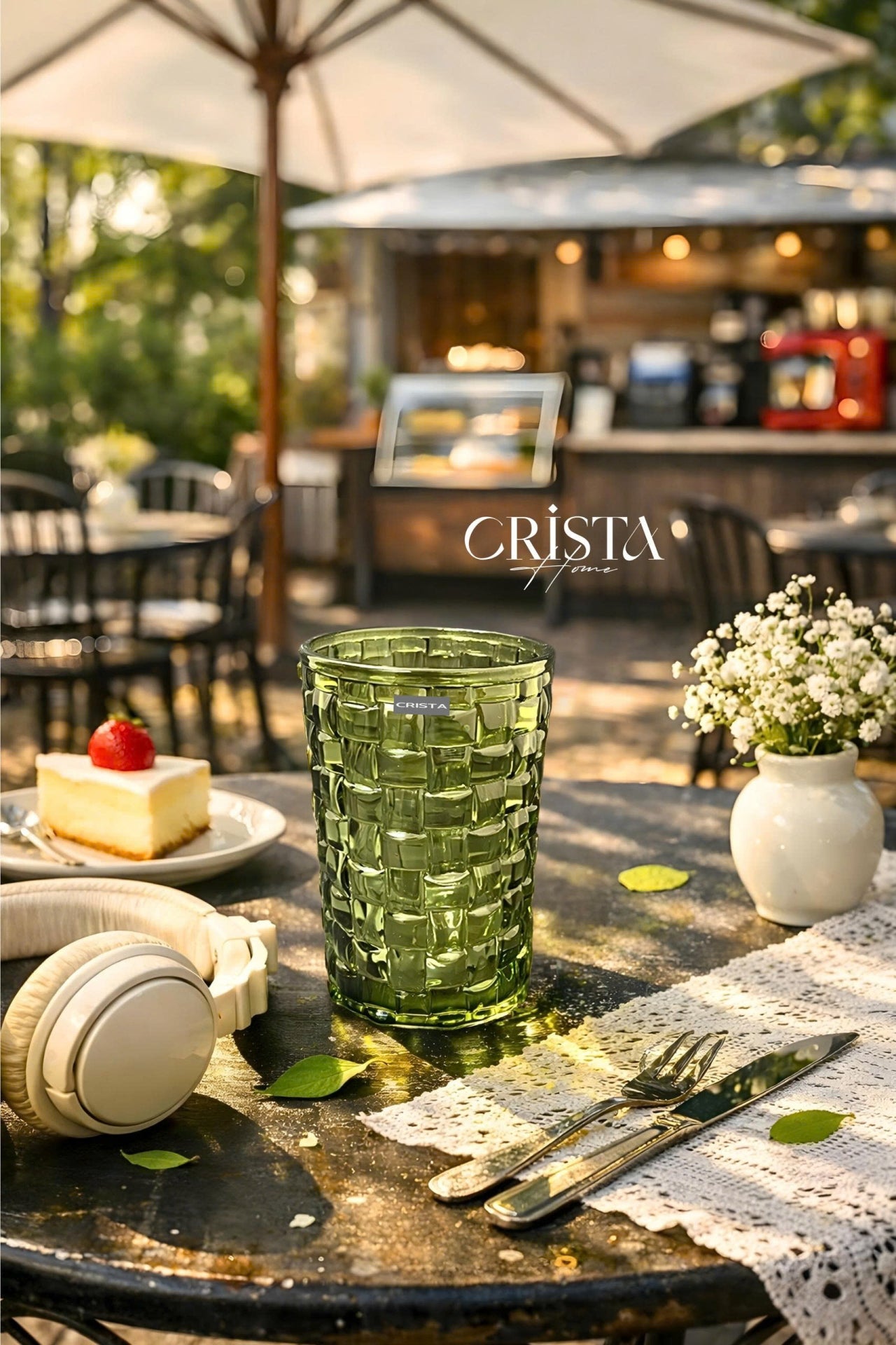 Set of 6 Crista Home Tall Glass Cups in Green with Checkered Pattern, 350ml
