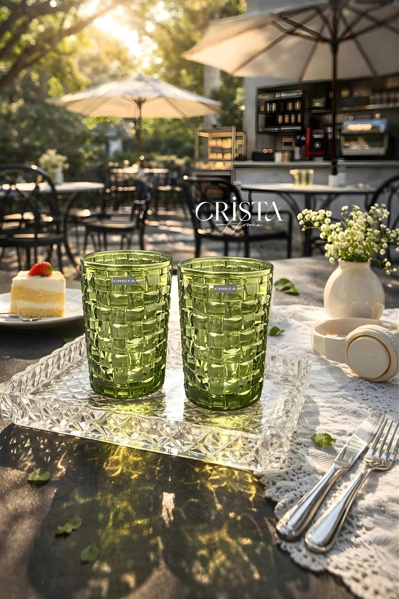 Set of 6 Crista Home Tall Glass Cups in Green with Checkered Pattern, 350ml
