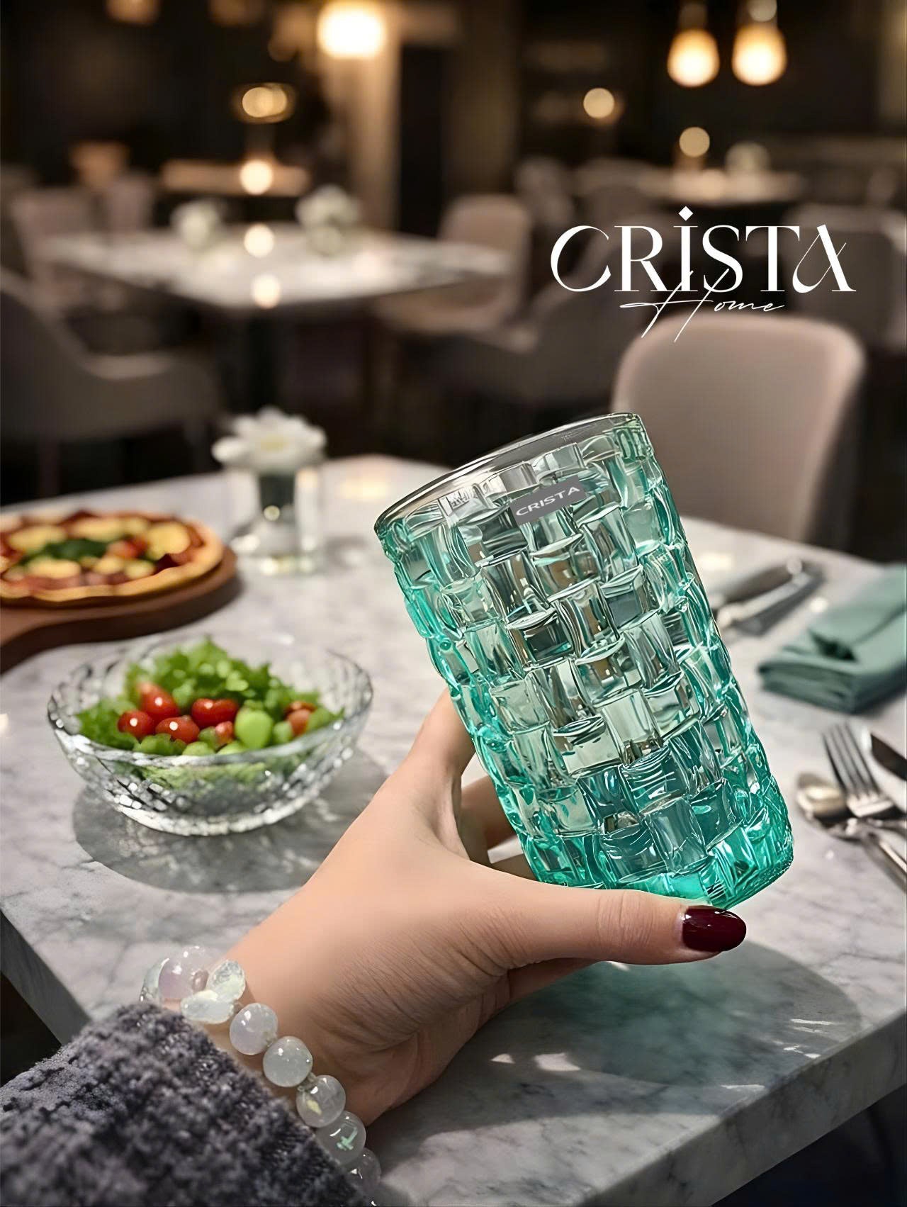 Set of 6 CRISTA HOME Tall Glass Cups in Mint Green with Checkered Pattern, 350ml