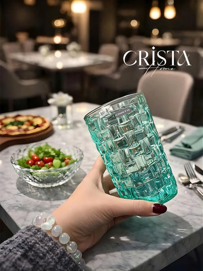 Set of 6 CRISTA HOME Tall Glass Cups in Mint Green with Checkered Pattern, 350ml
