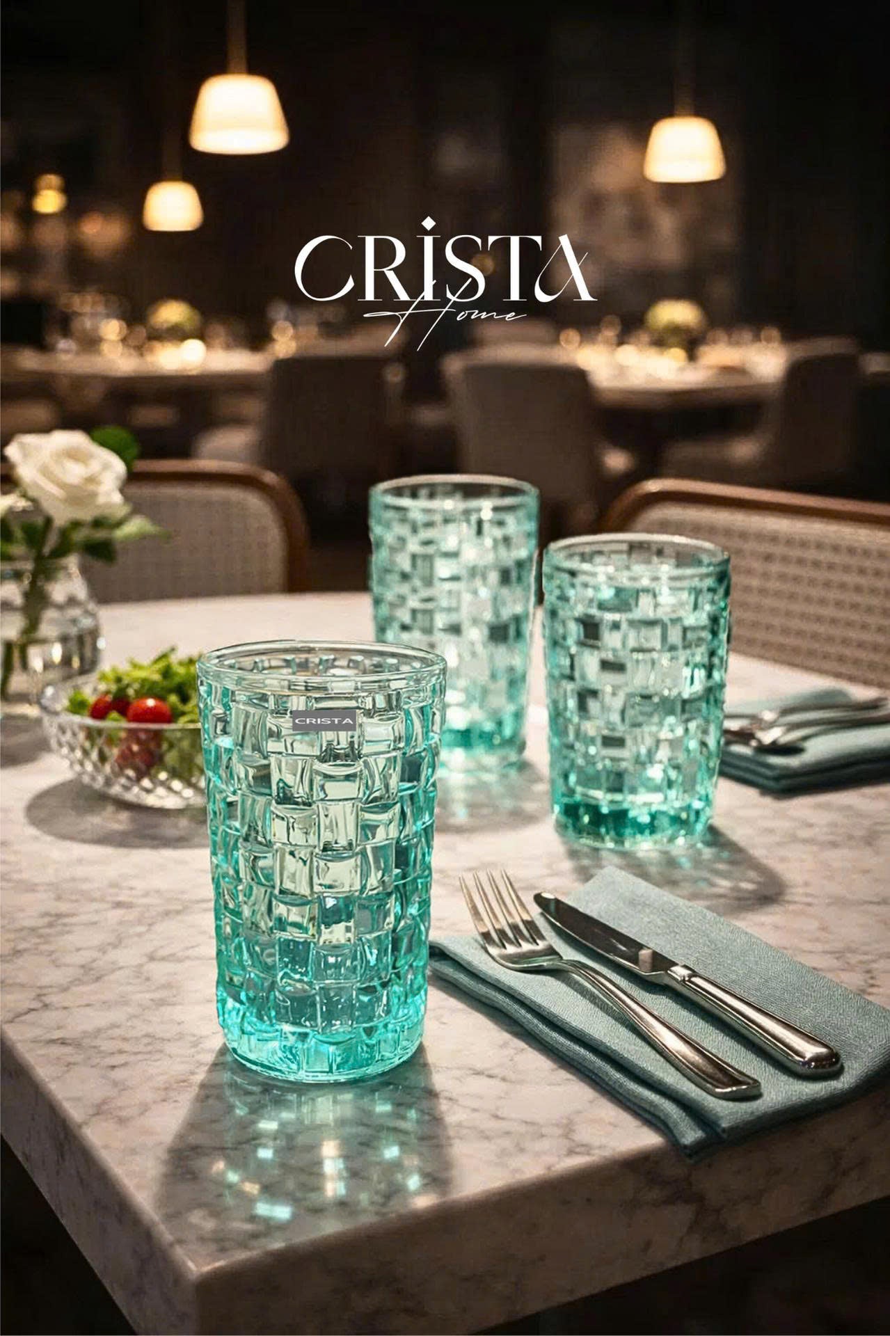 Set of 6 CRISTA HOME Tall Glass Cups in Mint Green with Checkered Pattern, 350ml