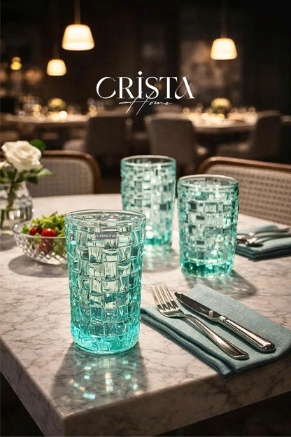 Set of 6 CRISTA HOME Tall Glass Cups in Mint Green with Checkered Pattern, 350ml