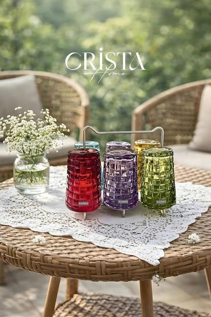 Set of 6 Crista Home Tall Glass Cups, Mixed Colors, Checkered Pattern, 350ml