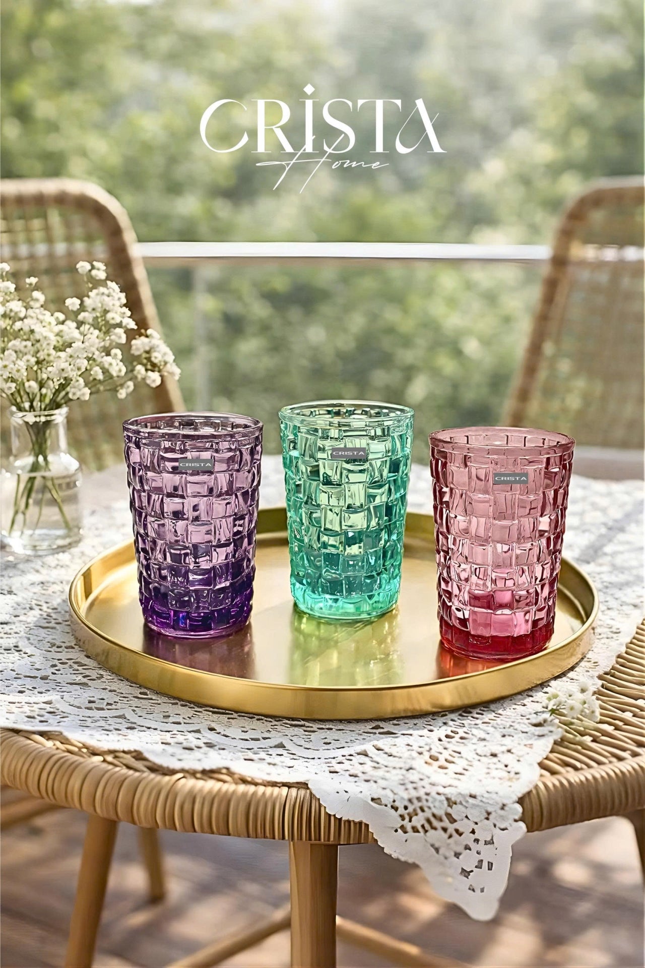 Set of 6 Crista Home Tall Glass Cups, Mixed Colors, Checkered Pattern, 350ml