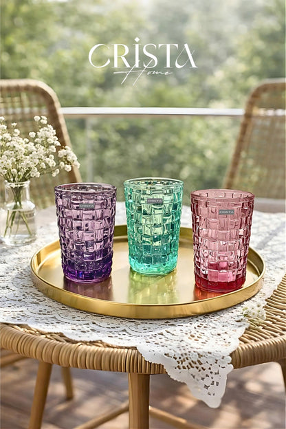 Set of 6 Crista Home Tall Glass Cups, Mixed Colors, Checkered Pattern, 350ml