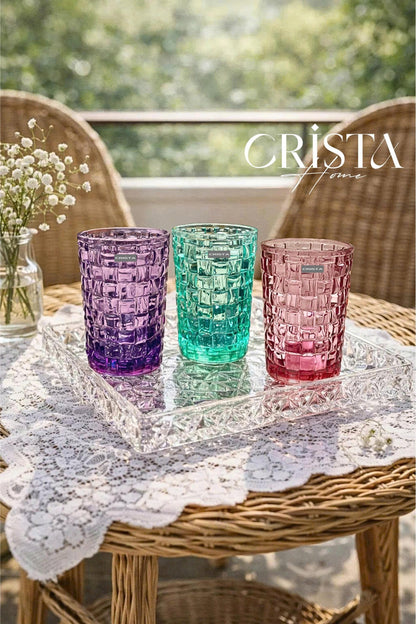 Set of 6 Crista Home Tall Glass Cups, Mixed Colors, Checkered Pattern, 350ml