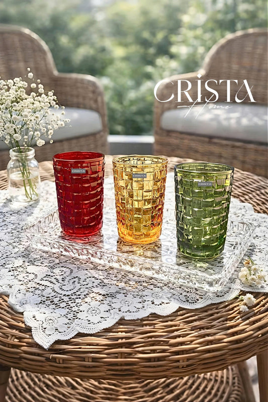 Set of 6 Crista Home Tall Glass Cups, Mixed Colors, Checkered Pattern, 350ml